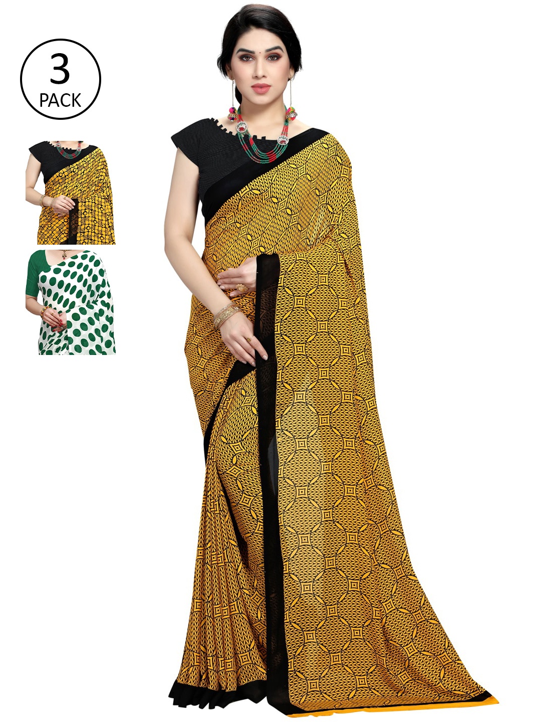 

KALINI Pack Of 3 Yellow & Green Saree