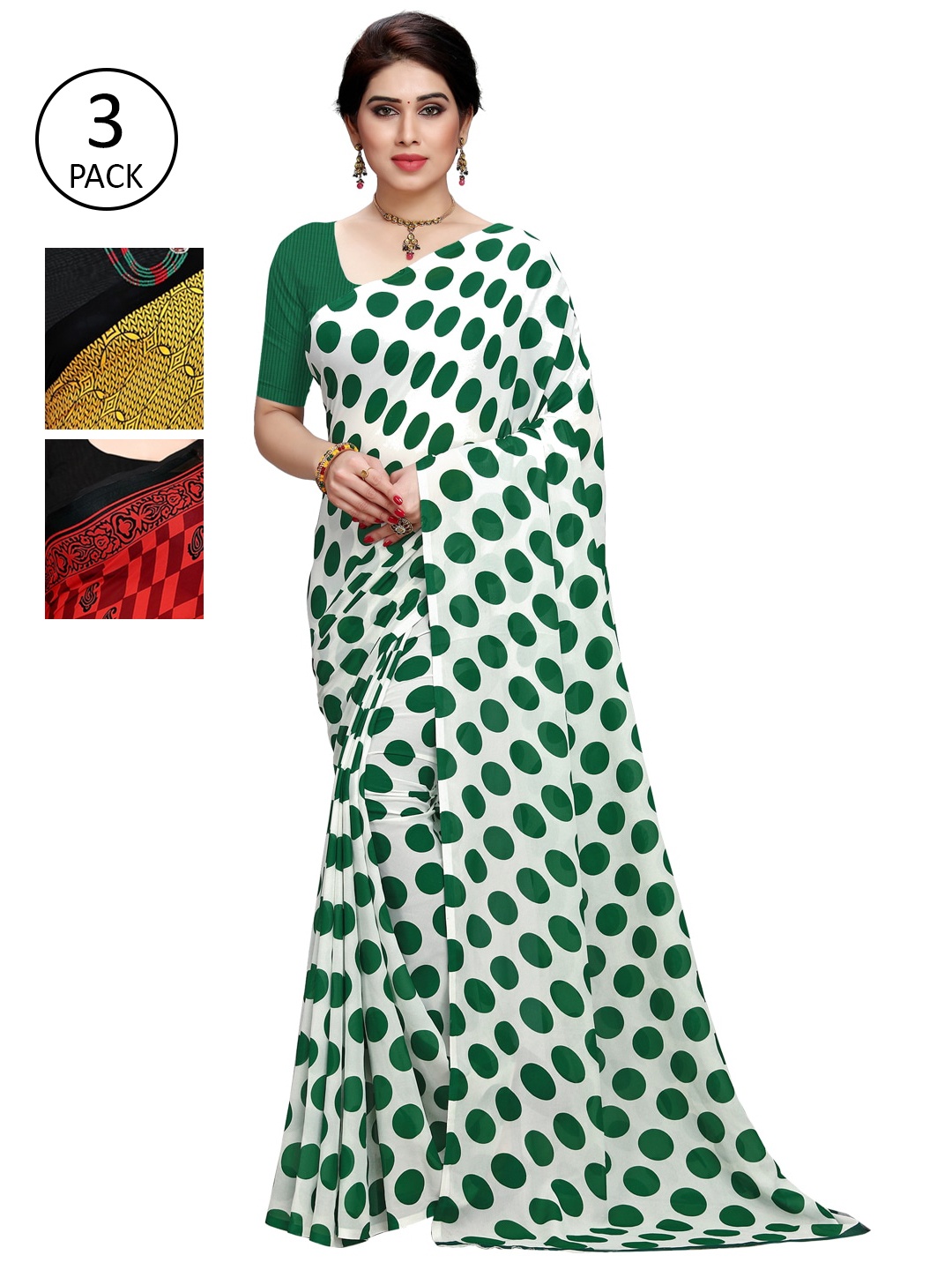 

KALINI Women Pack of 3 Printed Poly Georgette Sarees, White