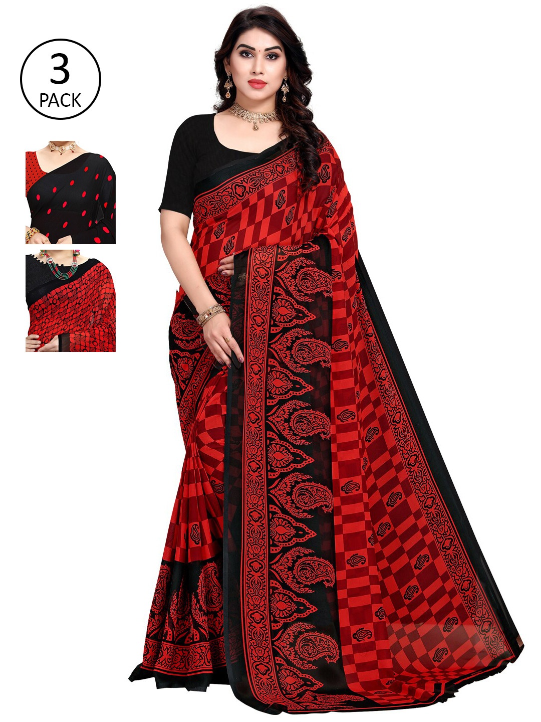 

KALINI Red & Black Pack of 3 Printed Saree