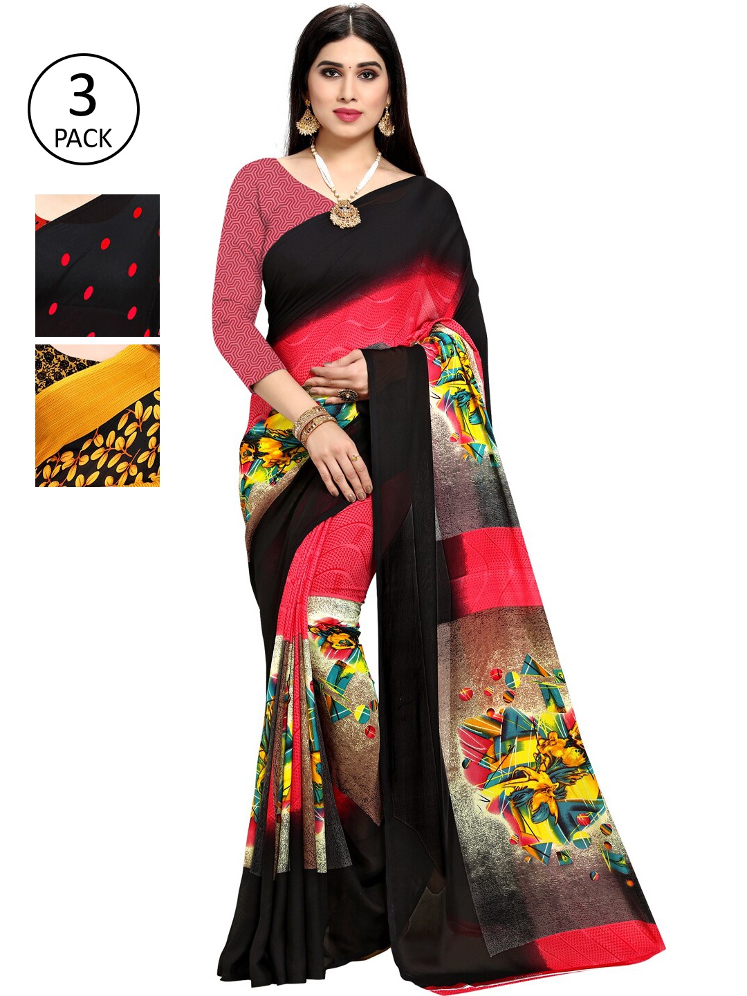 

KALINI Women Pack of 3 Printed Sarees, Black