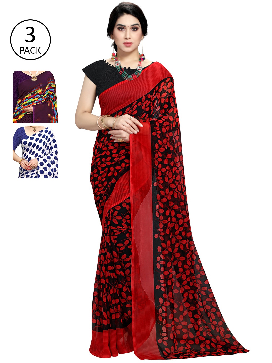 

KALINI Multicoloured Set of 3 Poly Georgette Saree, Multi