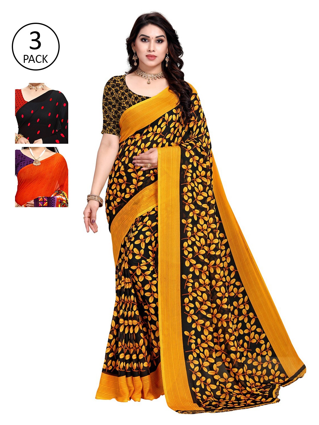 

KALINI Women Pack of 3 Printed Sarees, Yellow