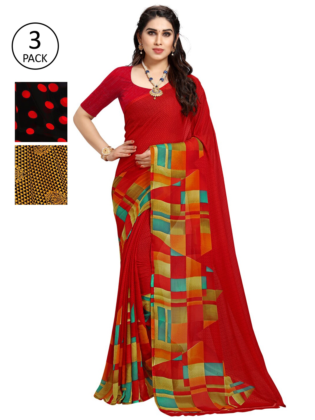 

KALINI Multicoloured Set of 3 Poly Georgette Saree, Multi