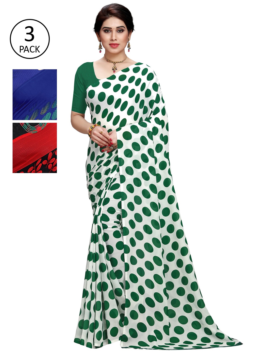 

KALINI Women Pack of 3 Printed Poly Georgette Sarees, Green