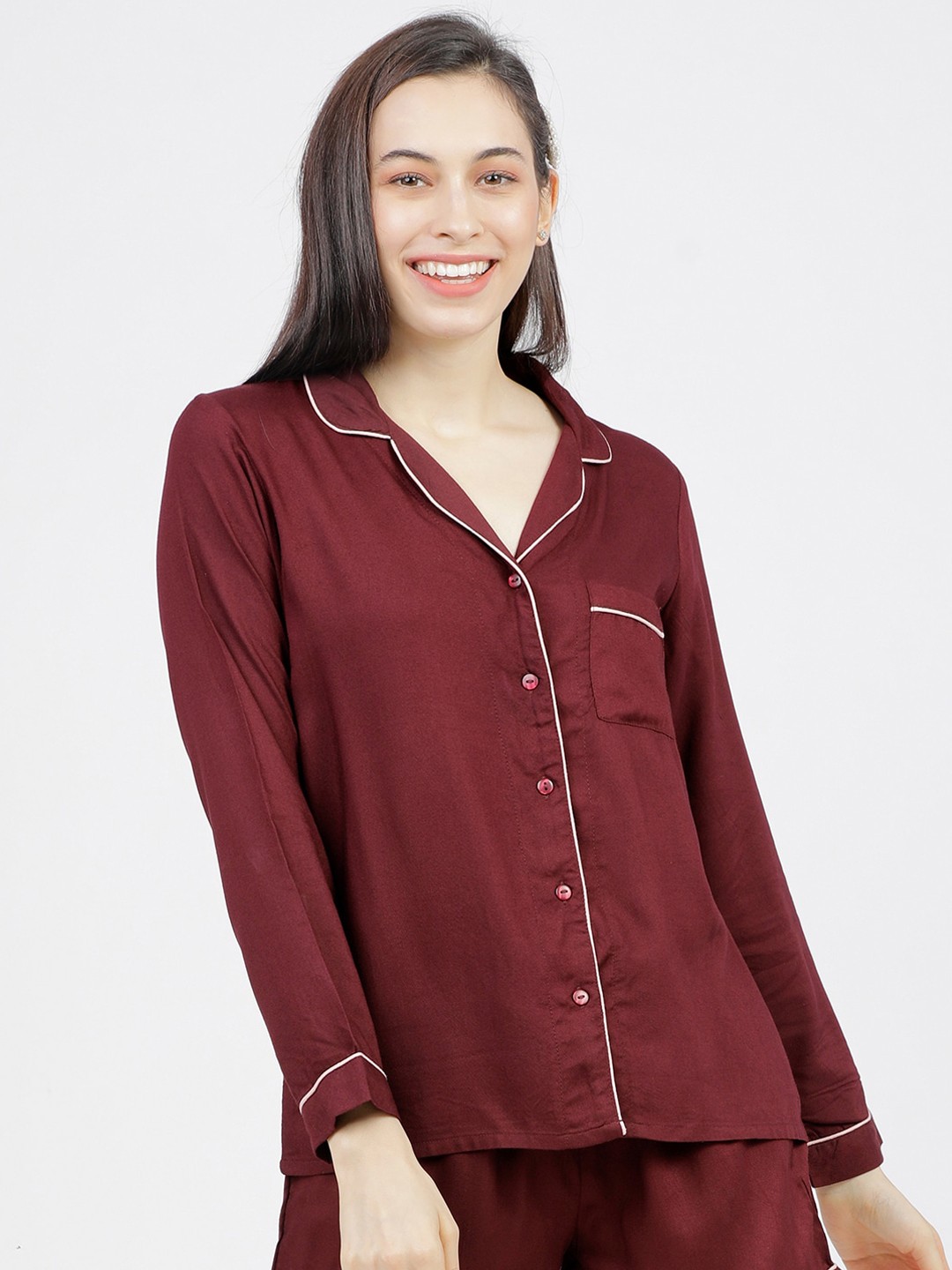 

Tokyo Talkies Women Burgundy Solid Sleep Shirt