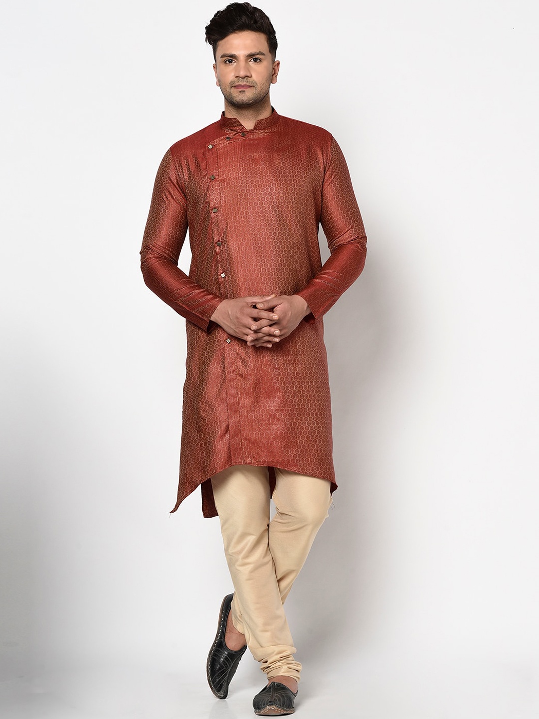 

TABARD Men Red Panelled Jacquard Woven Design Kurta with Churidar