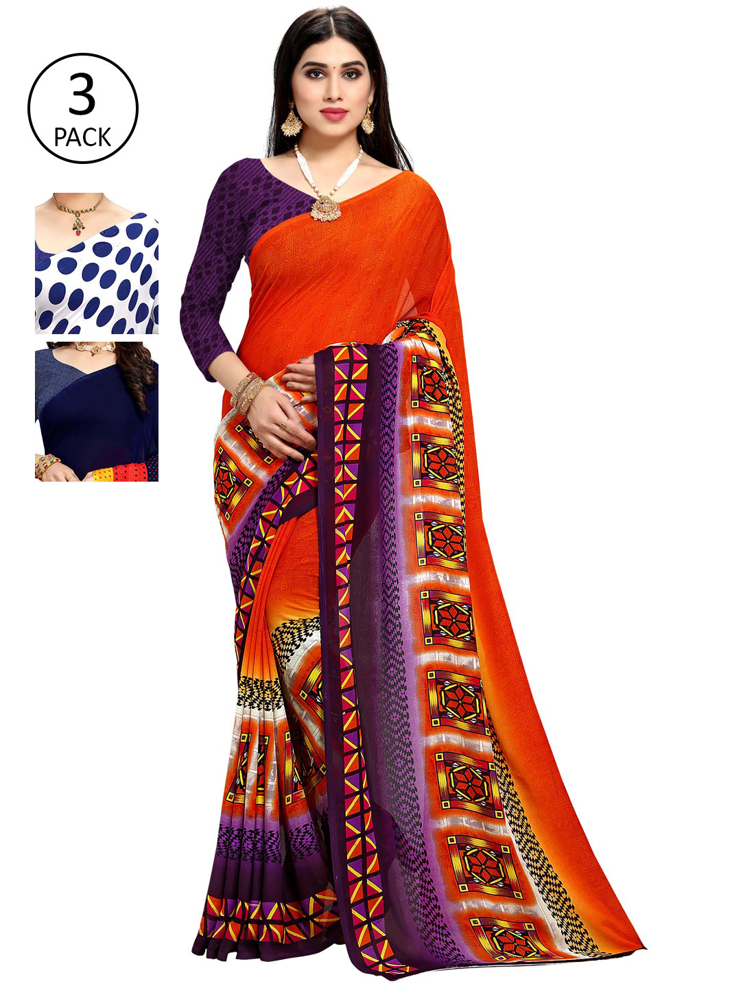 

KALINI Women Pack Of 3 Printed Sarees, White