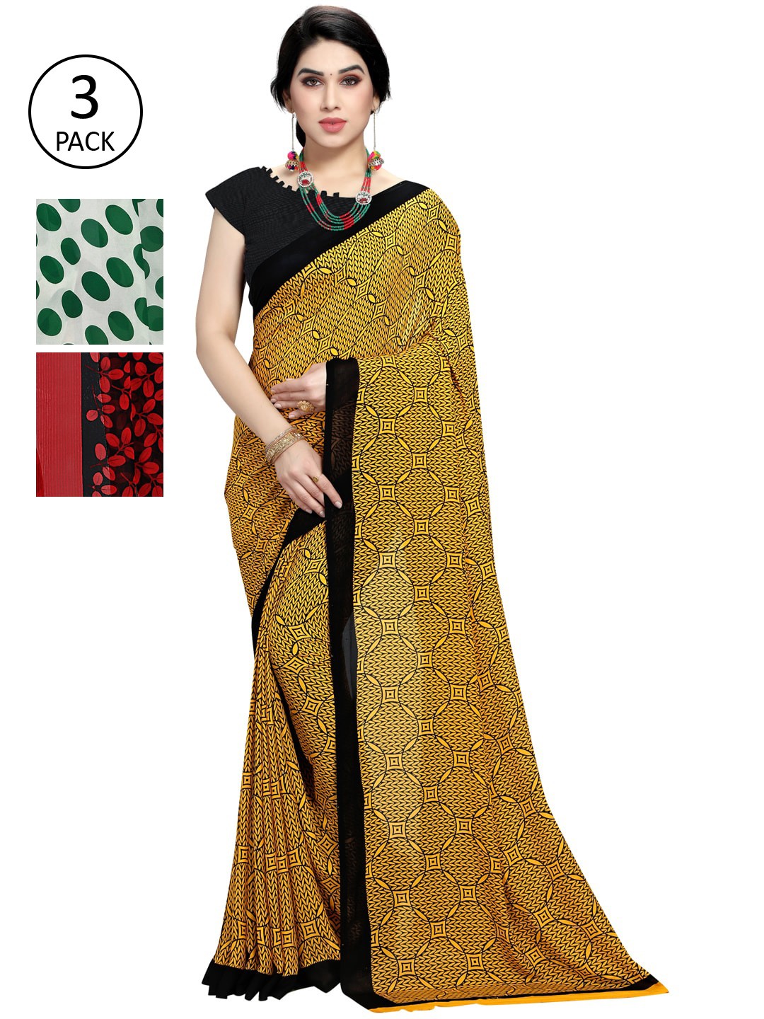 

KALINI Women Pack of 3 Printed Poly Georgette Sarees, Yellow