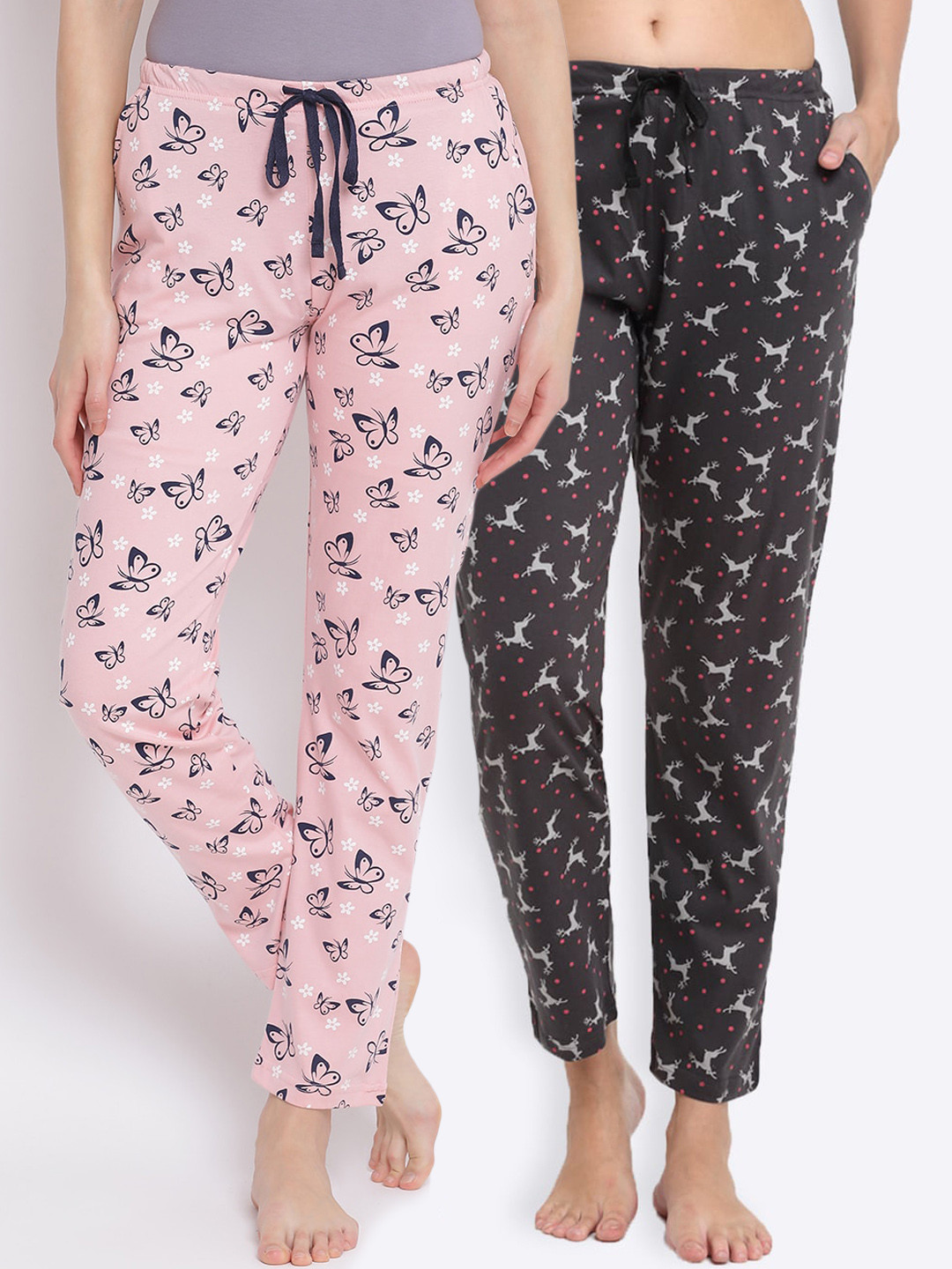 

Kanvin Women Pack Of 2 Printed Pure Cotton Lounge Pants, Charcoal