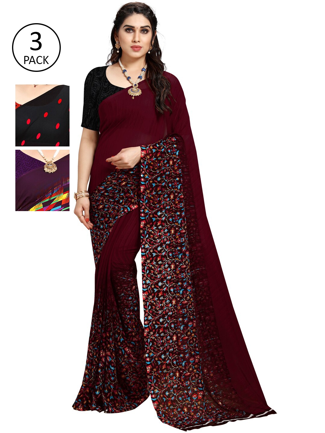 

KALINI Pack of 3 Printed Sarees, Red