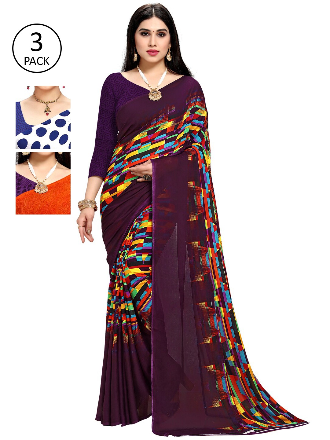 

KALINI Orange & Maroon Pack of 3 Printed Saree
