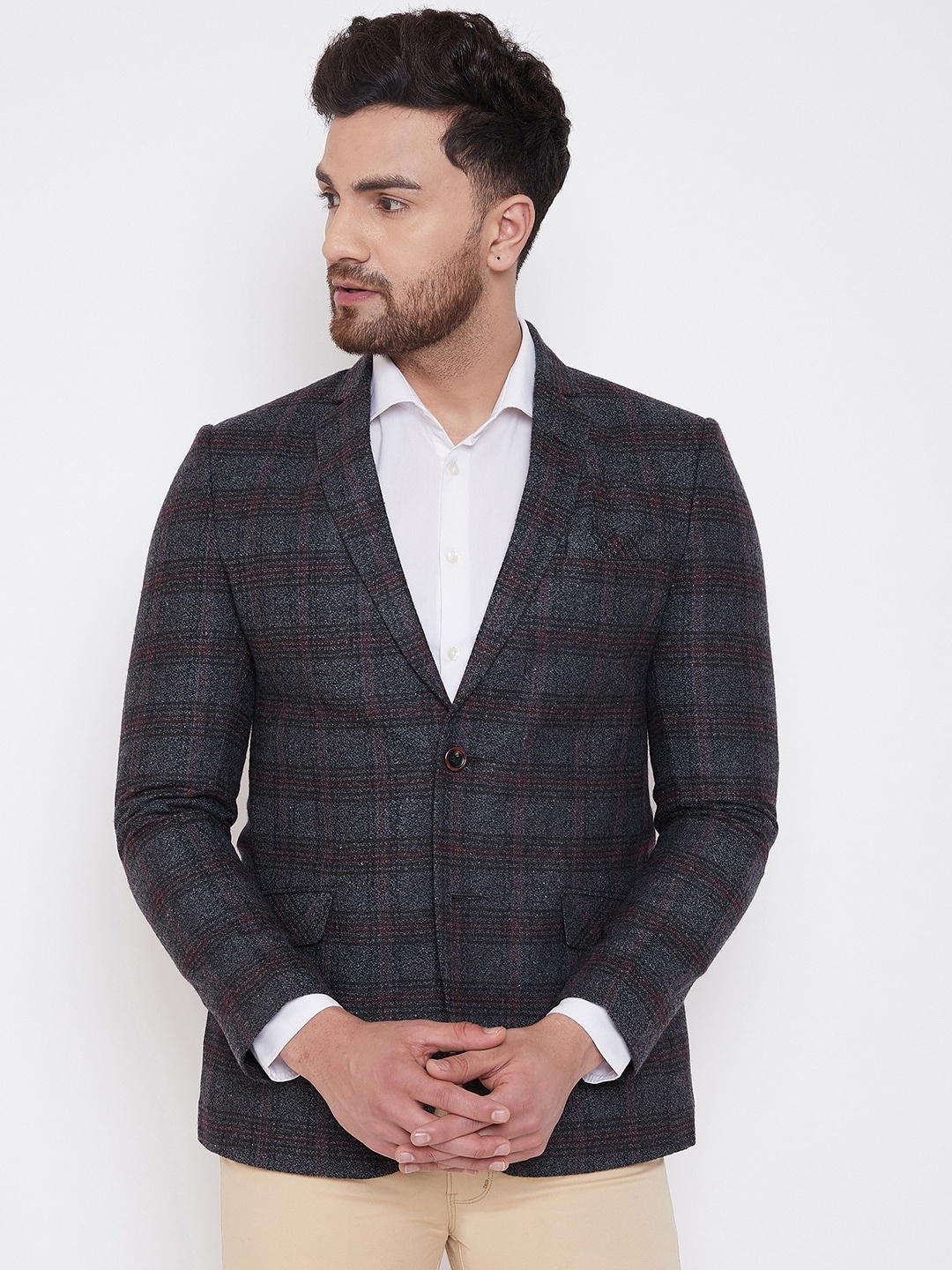 

Spirit Men Charcoal Grey Checked Tailored-Fit Single-Breasted Casual Blazer