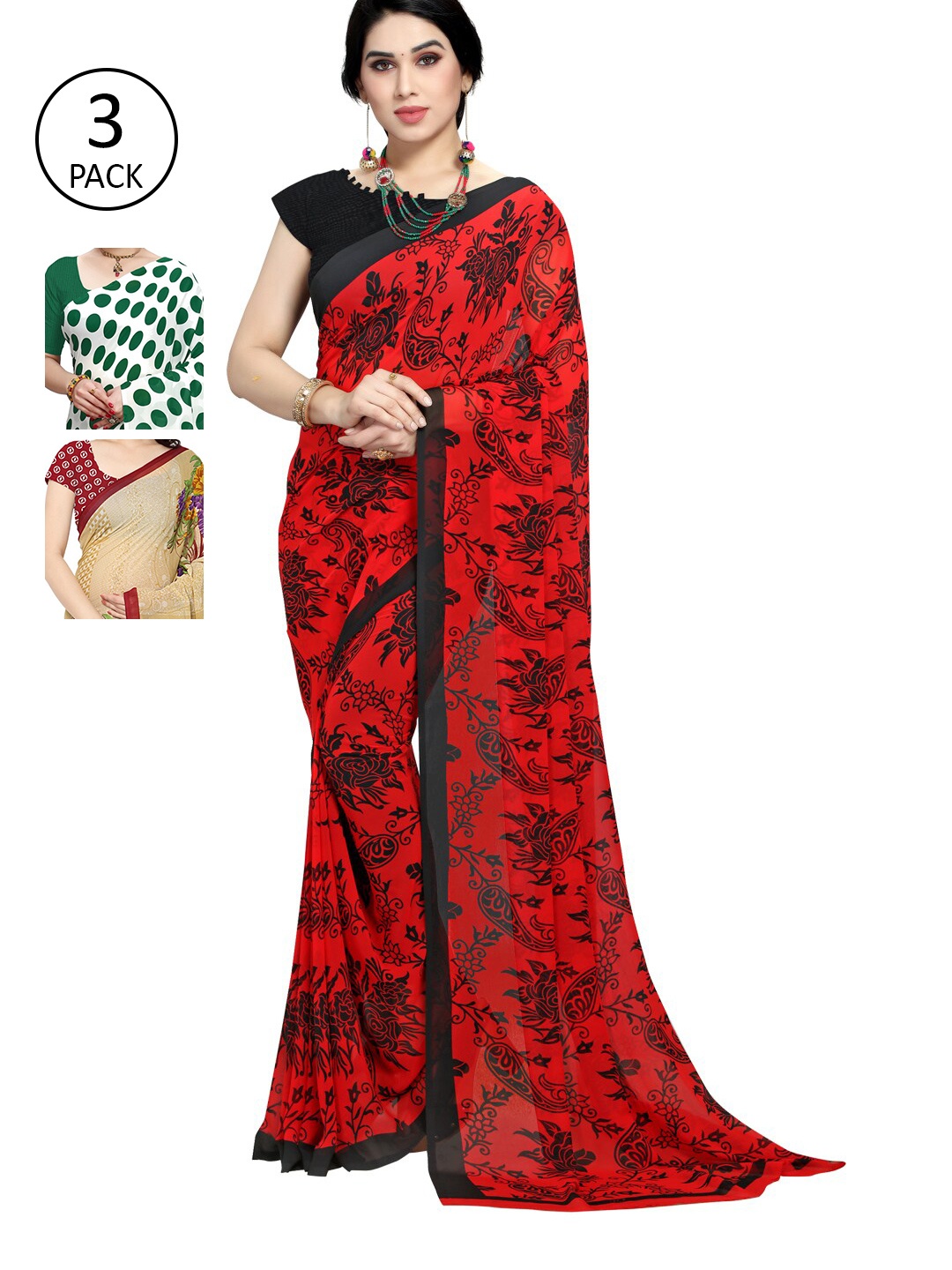 

KALINI Pack Of 3 Multicoloured Floral Poly Georgette Sarees, Multi