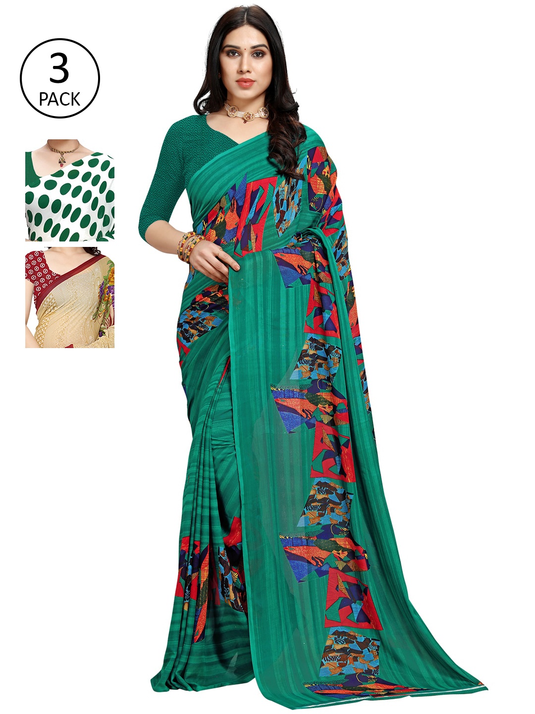 

KALINI Pack Of 3 Poly Georgette Sarees, Green