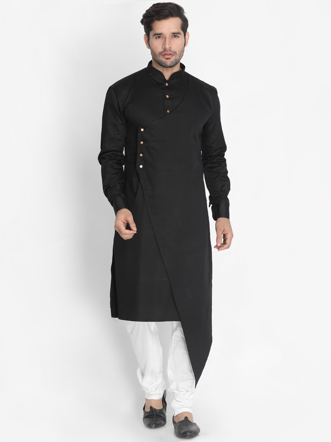 

VASTRAMAY Men Black and White Cotton Satin Blend Asymmetric Kurta with Pyjamas