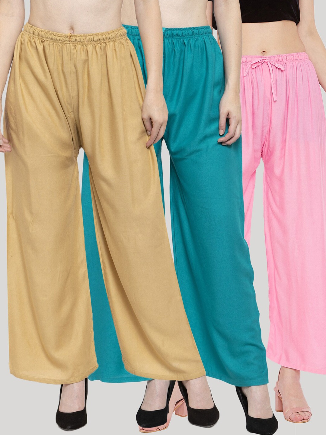 

Clora Creation Women Camel Brown & Turquoise Blue Pack of 3 Knitted Palazzos
