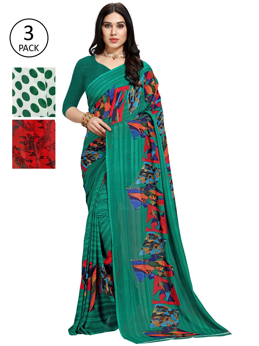 

KALINI Women Pack of 3 Printed Poly Georgette Sarees, White