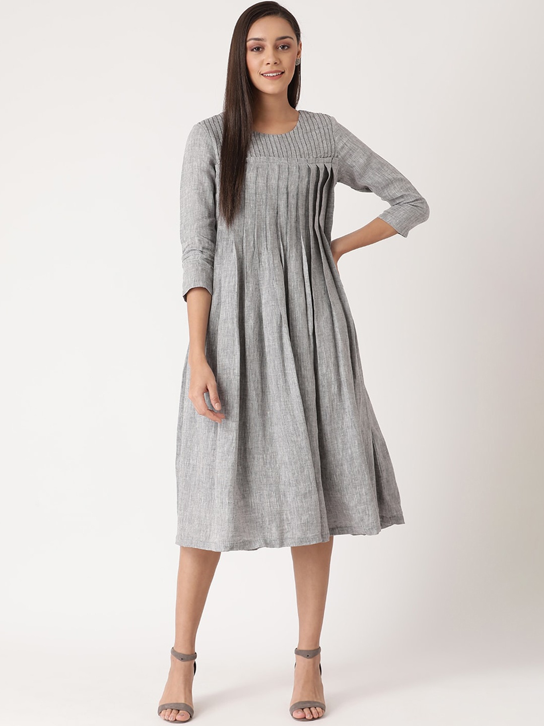 

ROOTED Grey Linen A-Line Linen Midi Dress