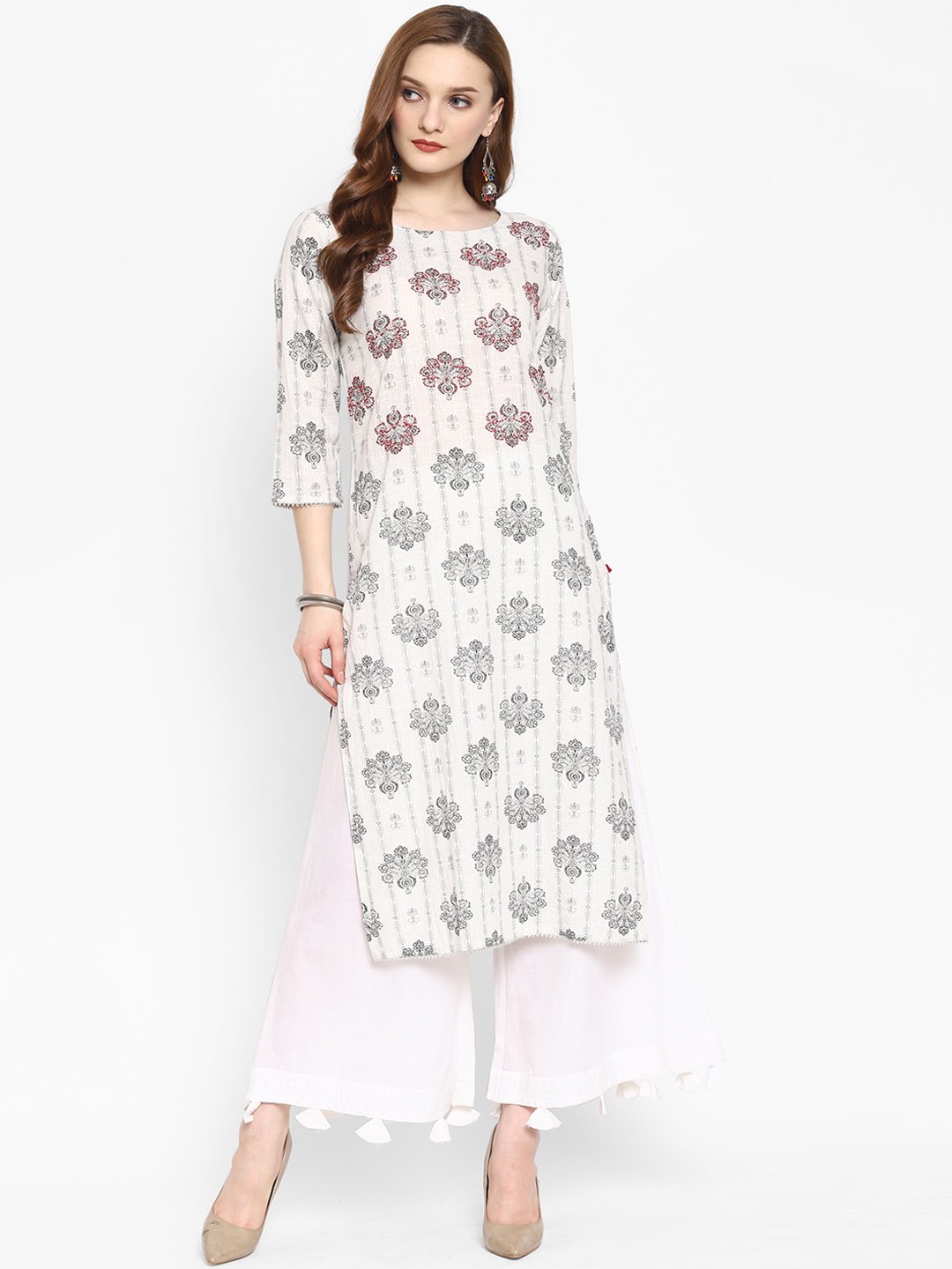 

Sangria Women White & Grey Ethnic Motifs Printed Kurta