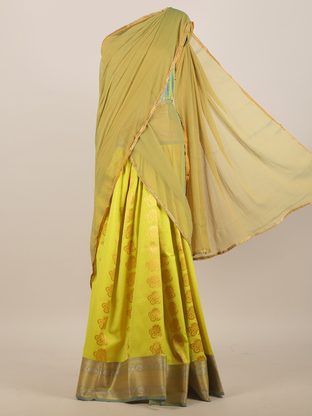 

Pothys Green & Mustard Woven Design Zari Half and Half Saree