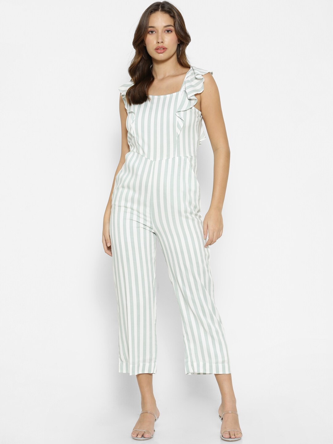

FOREVER 21 White & Green Striped Culotte Jumpsuit