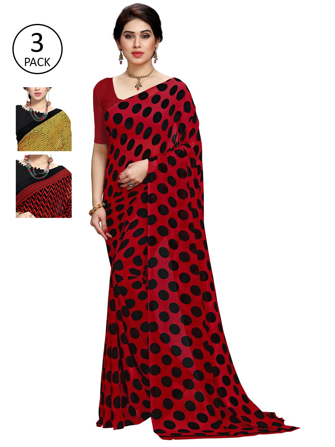 

KALINI Yellow & Red Pack of 3 Printed Sarees