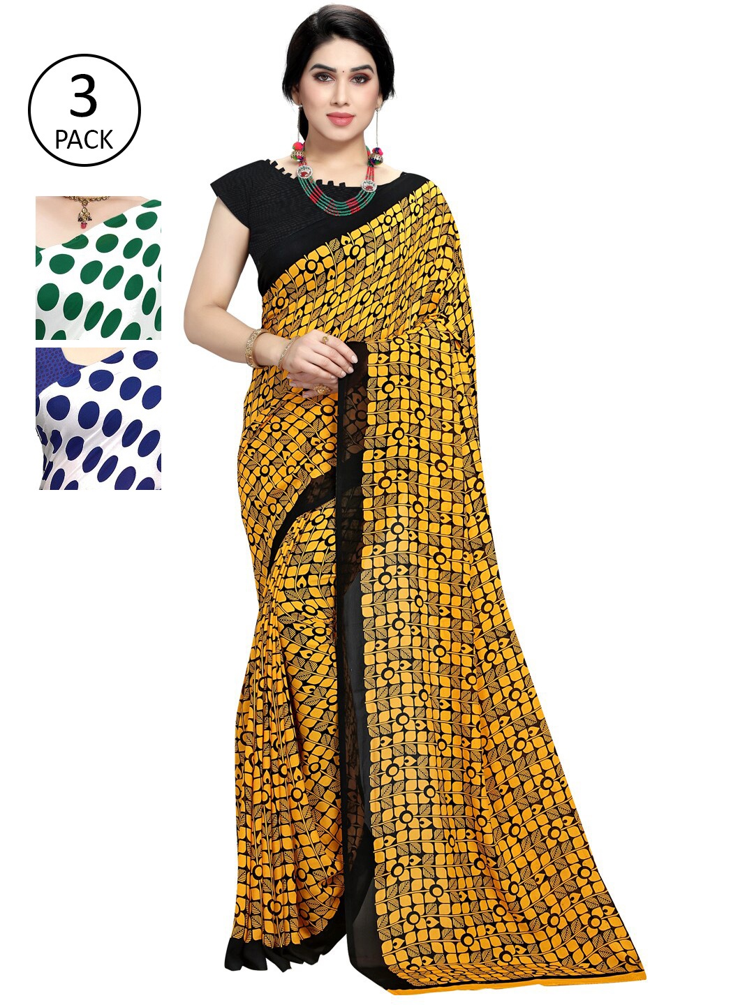 KALINI Pack Of 3 Poly Georgette Printed Sarees, White