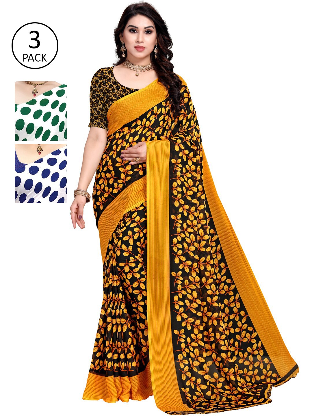 

KALINI Pack Of 3 Poly Georgette Printed Sarees, White