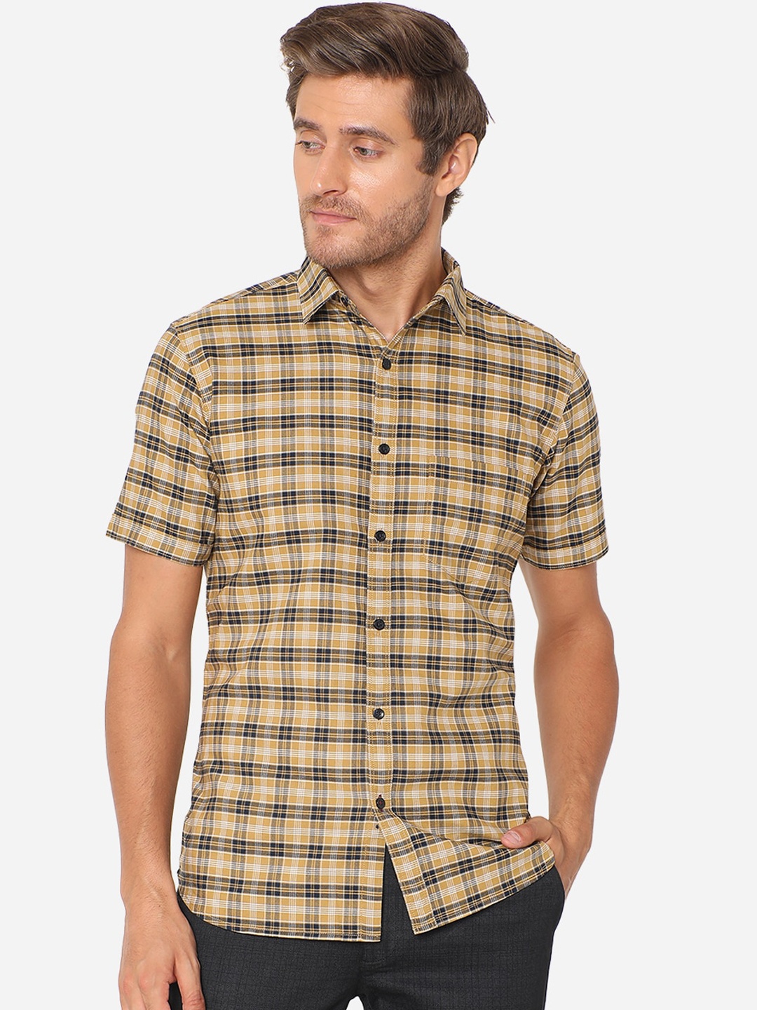 

JADE BLUE Men Khaki Slim Fit Tartan Checks Checked Casual Shirt