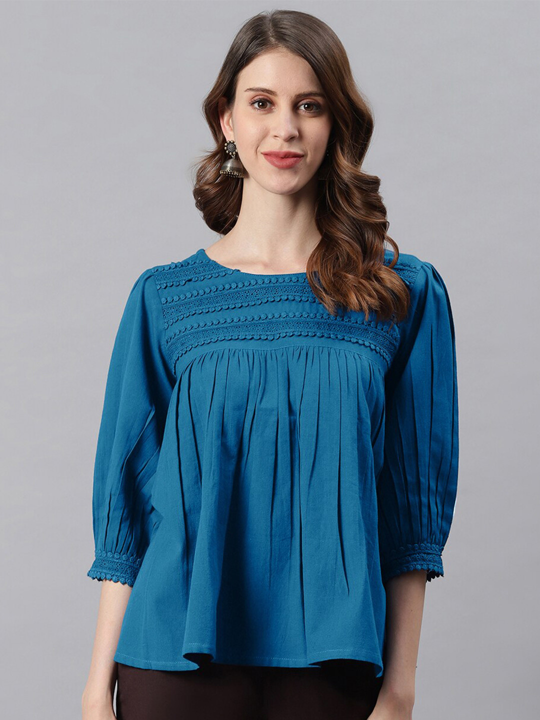 

Janasya Blue Lace Detail A-Line Top