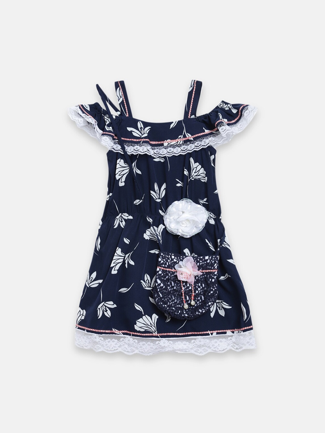 

Butterfly Blush Girls Blue & White Floral Printed Lace Border Dress with Sling Bag