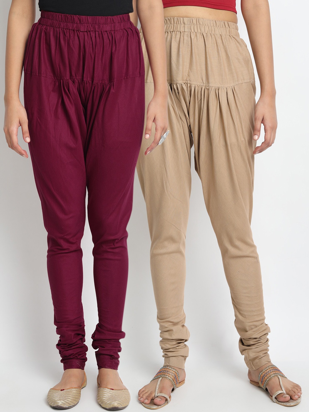 

Molcha Women Pack Of 2 Beige & Burgundy Solid Loose-Fit Pure Cotton Churidars