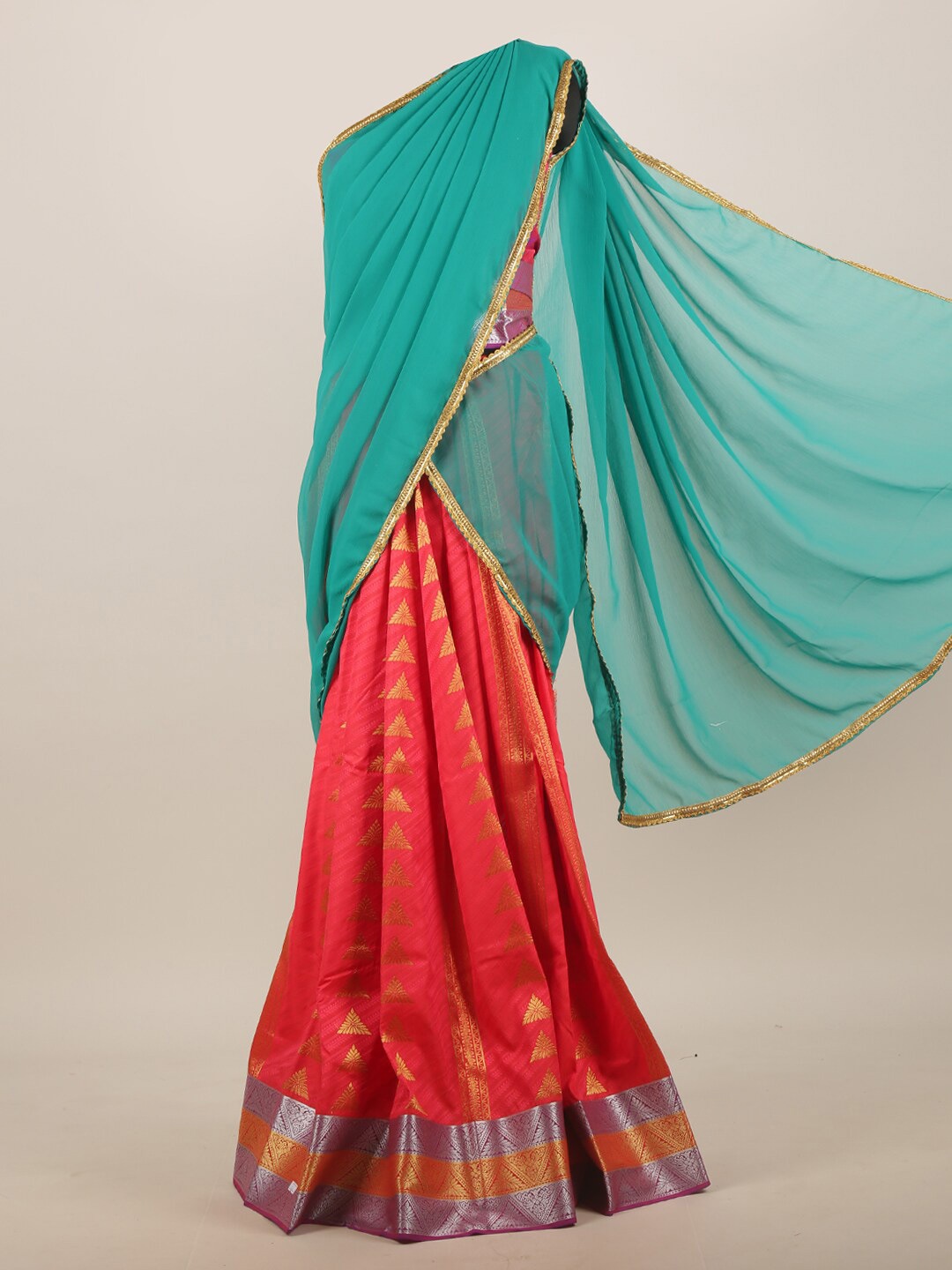

Pothys Green & Orange Floral Zari Half and Half Saree