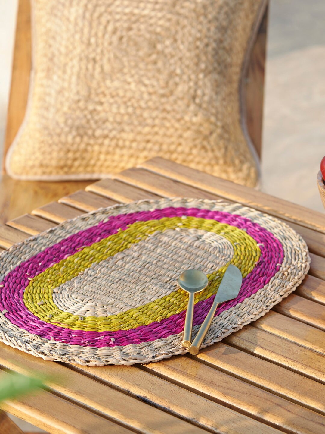 

Chumbak Beige & Yellow Striped Pickle Jute Woven Table Mat