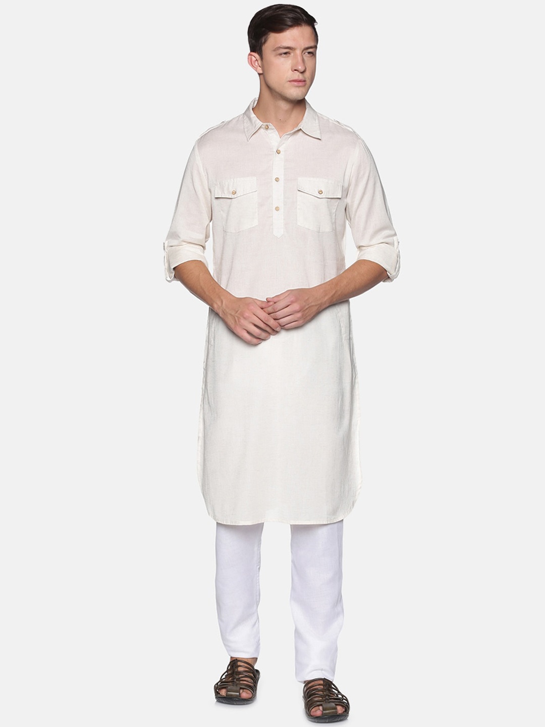 

Saffron Threads Men Off White Pathani Kurta