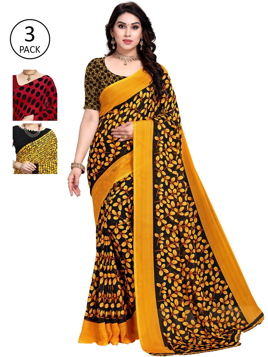 

KALINI Pack Of 3 Poly Georgette Printed Sarees, Red