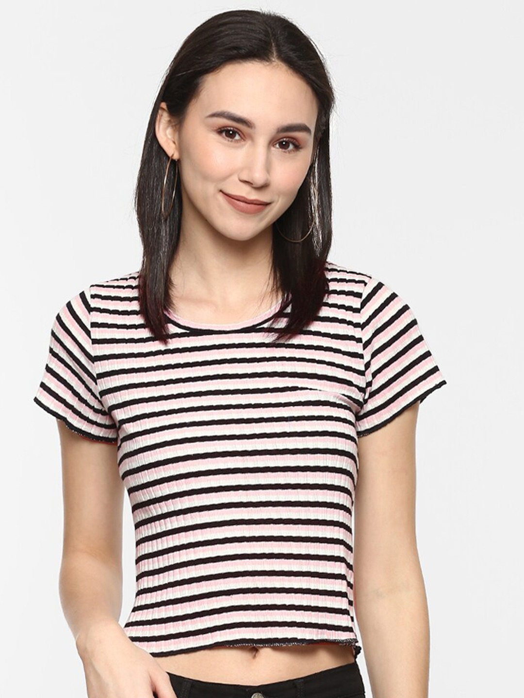 

Porsorte Women White & Black Ribbed Multi Striped Regular Crop Top