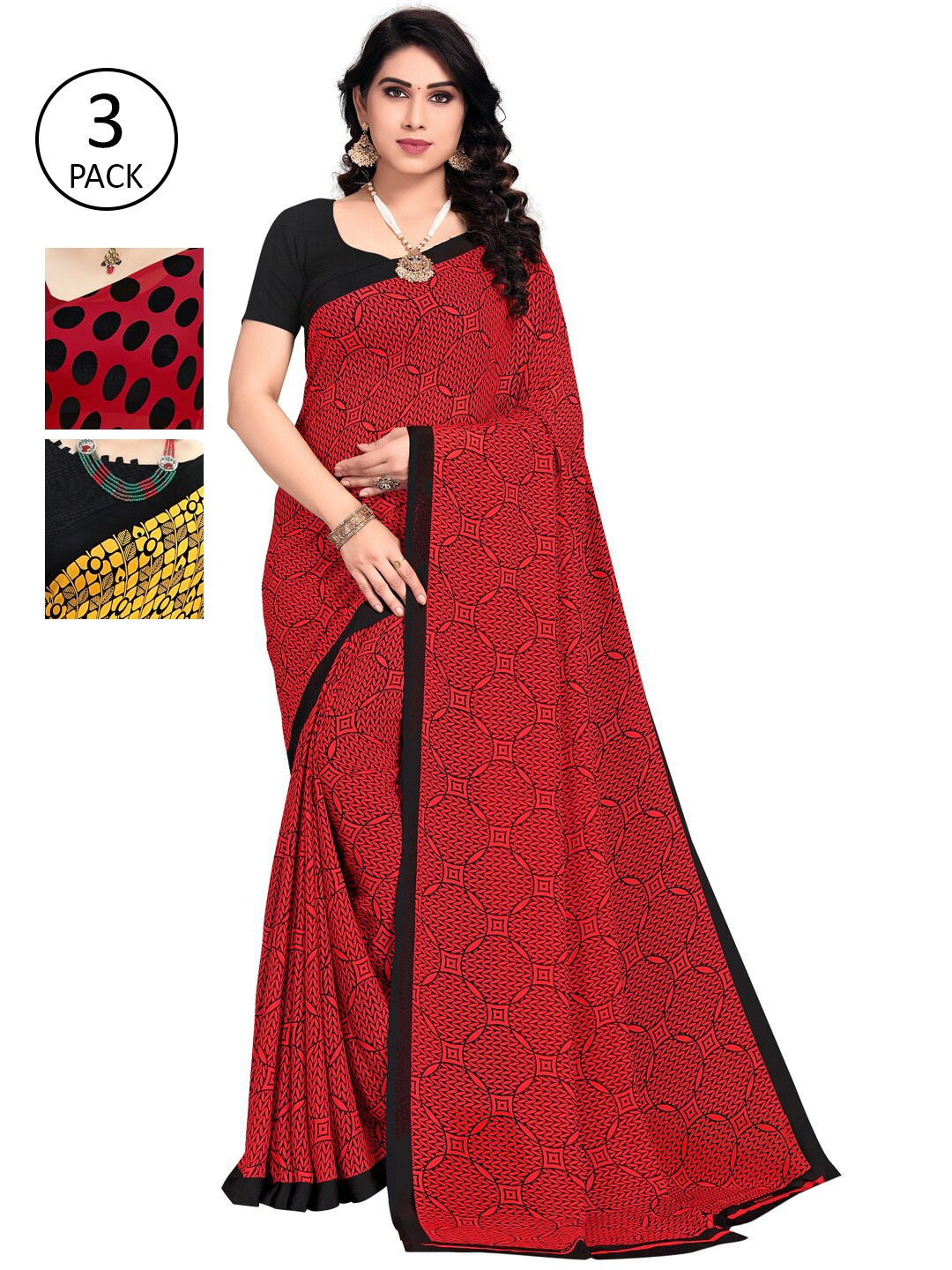 

KALINI Pack Of 3 Poly Georgette Printed Sarees, Yellow