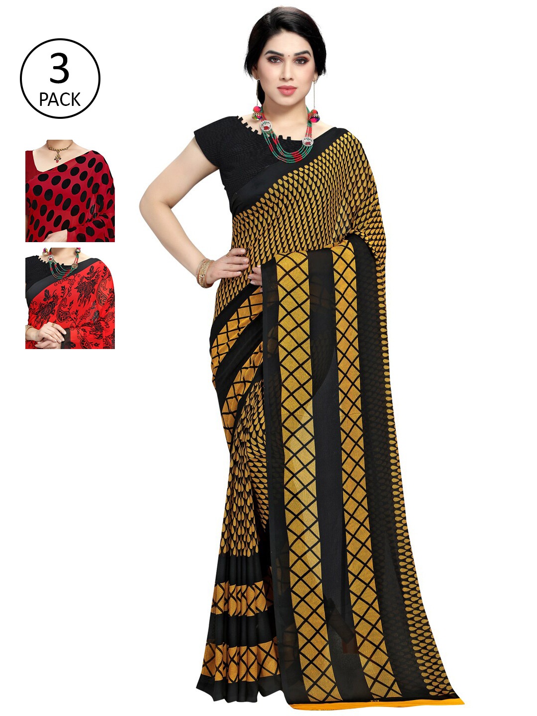 

KALINI Red & Black Pack of 3 Printed Sarees