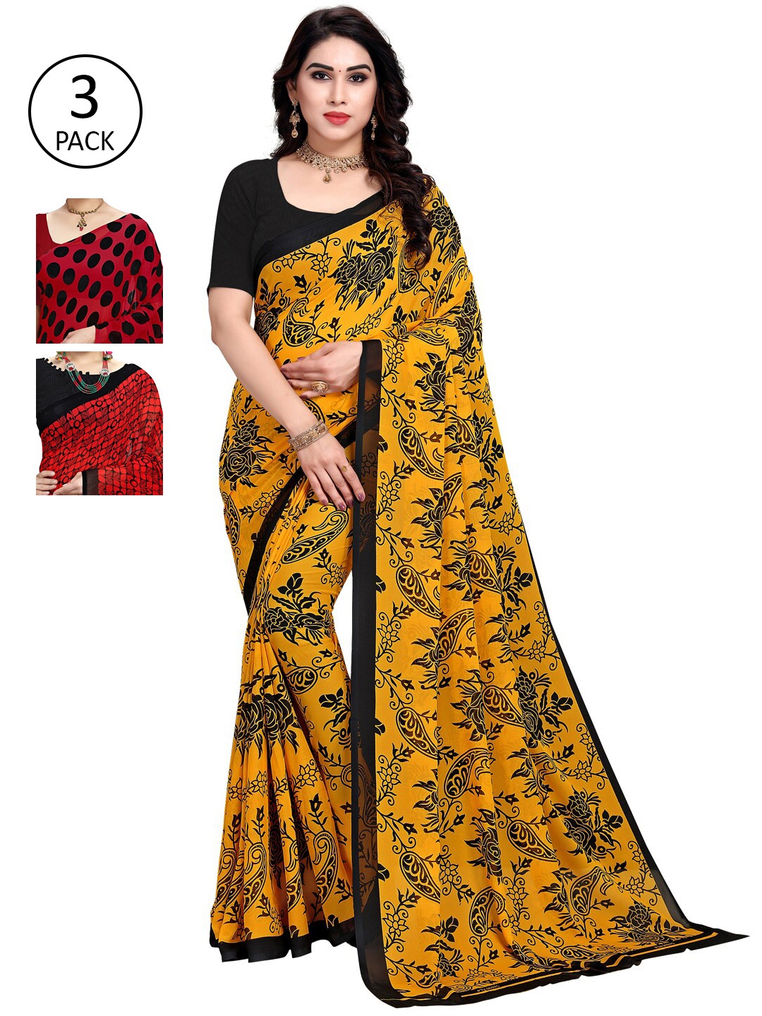

KALINI Black & Red Pack of 3 Printed Sarees