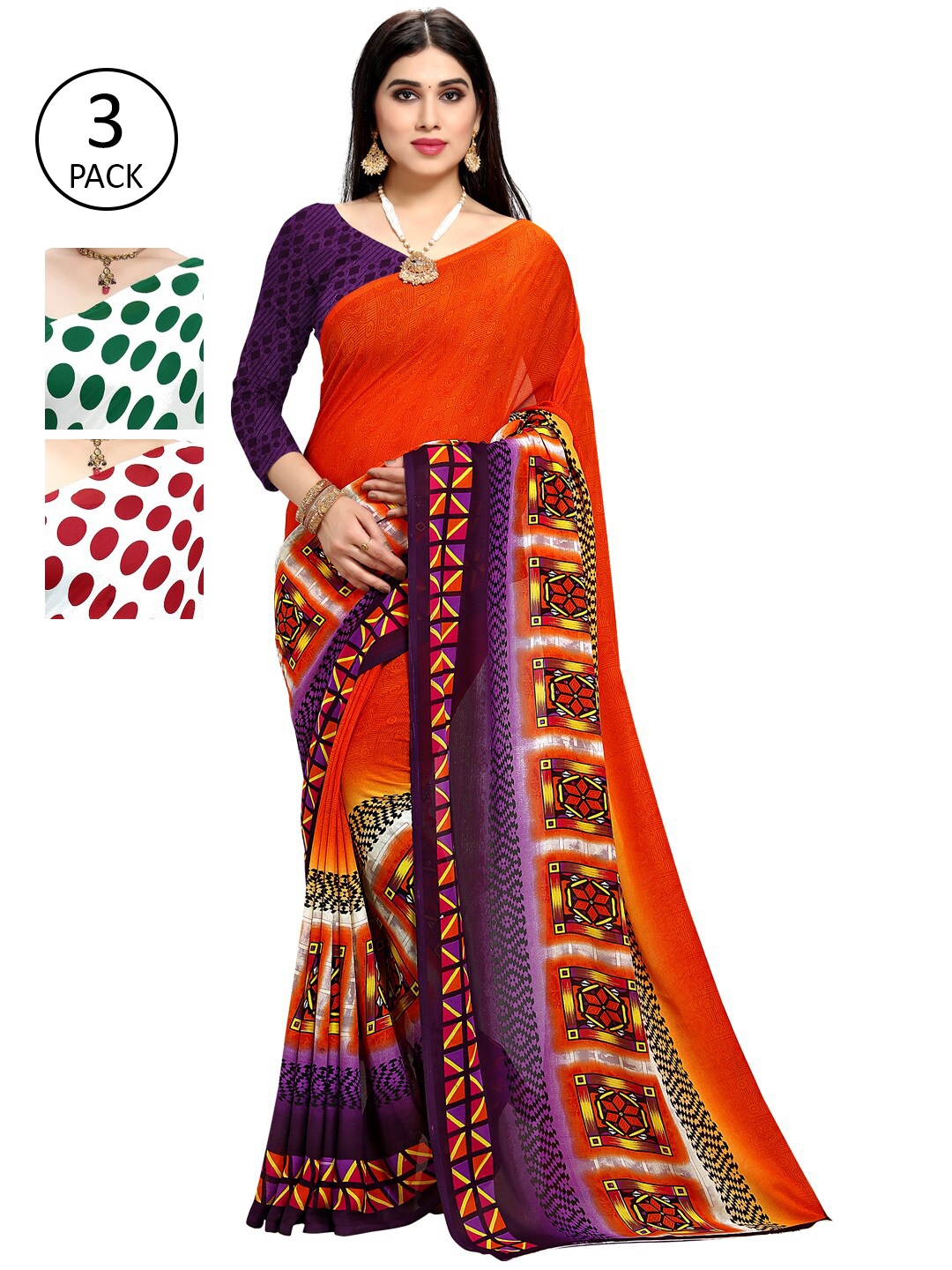 

KALINI Pack Of 3 Poly Georgette Printed Sarees, Green