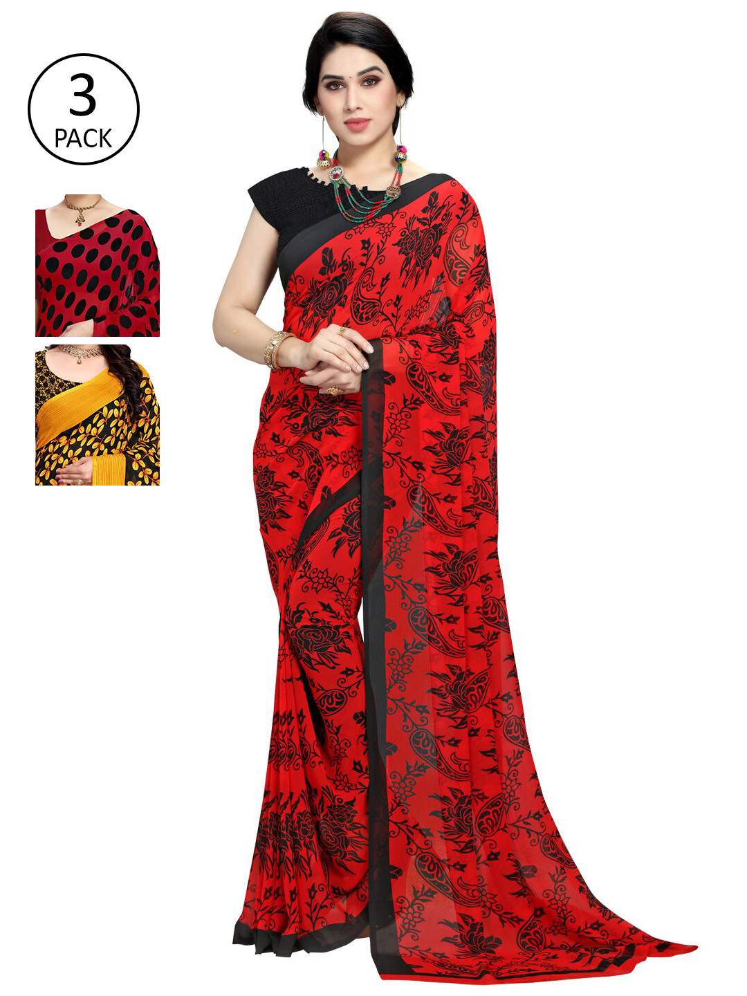

KALINI Pack Of 3 Red & Black Floral Saree