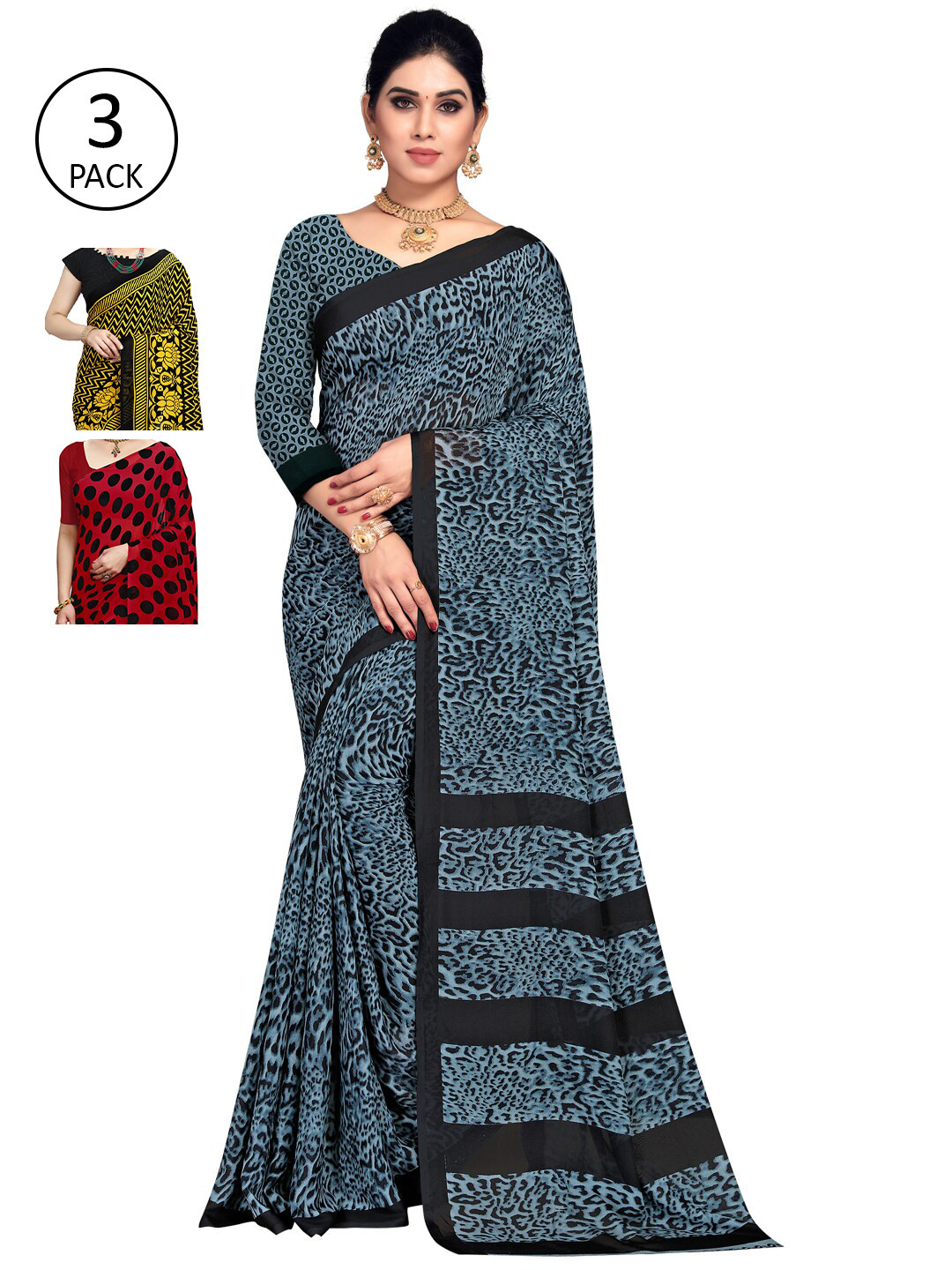 

ANAND SAREES Pack Of 3 Poly Georgette Printed Sarees, Yellow