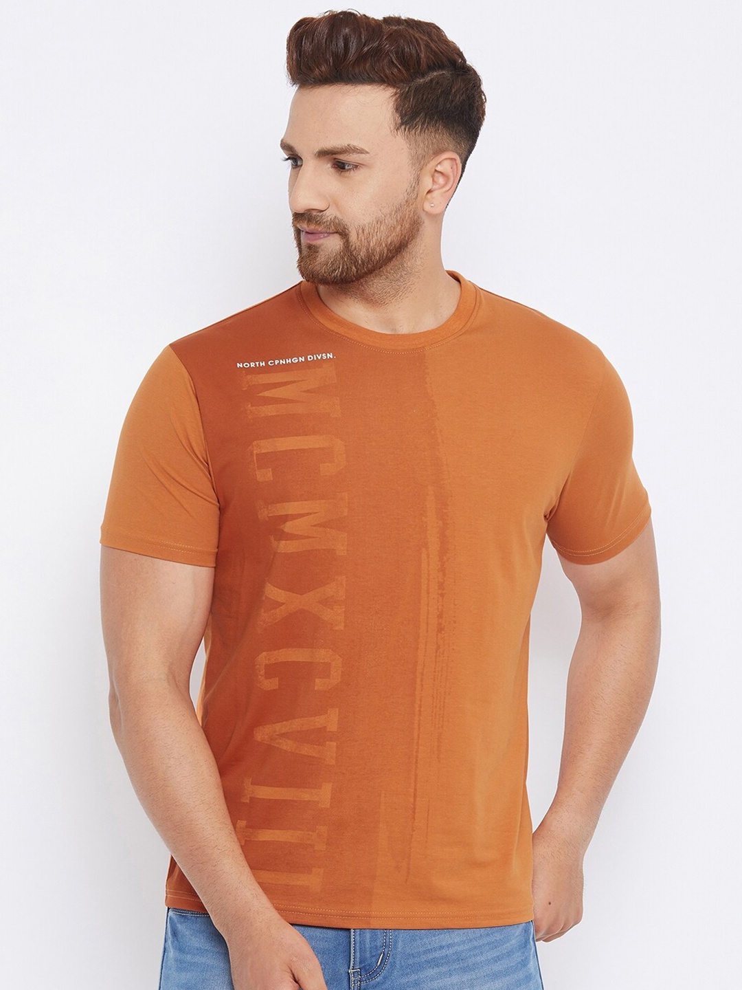 

98 Degree North Men Orange Typography Printed Cotton T-shirt