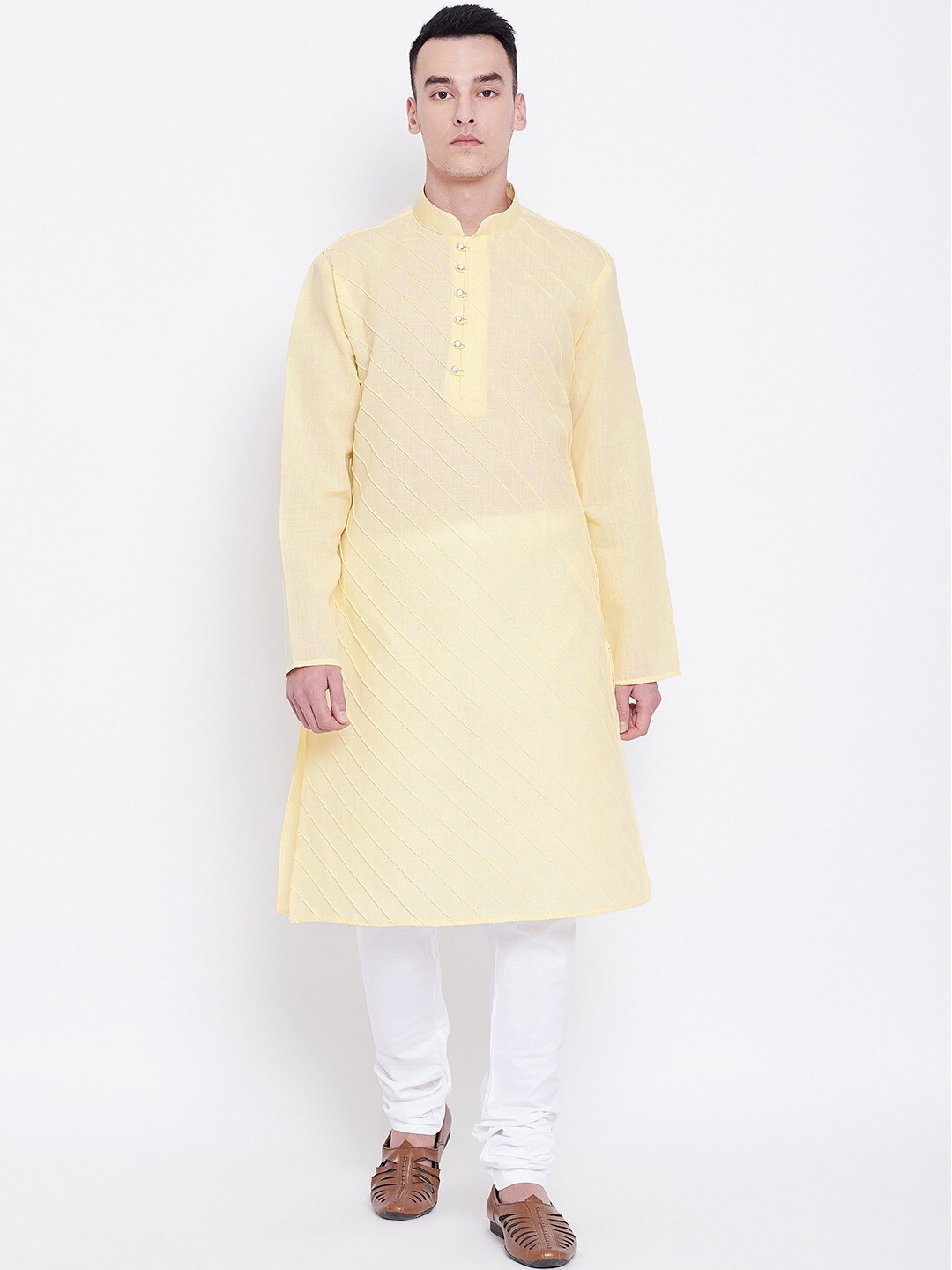 

SG LEMAN Men Yellow Striped Pleated Kurta with Churidar