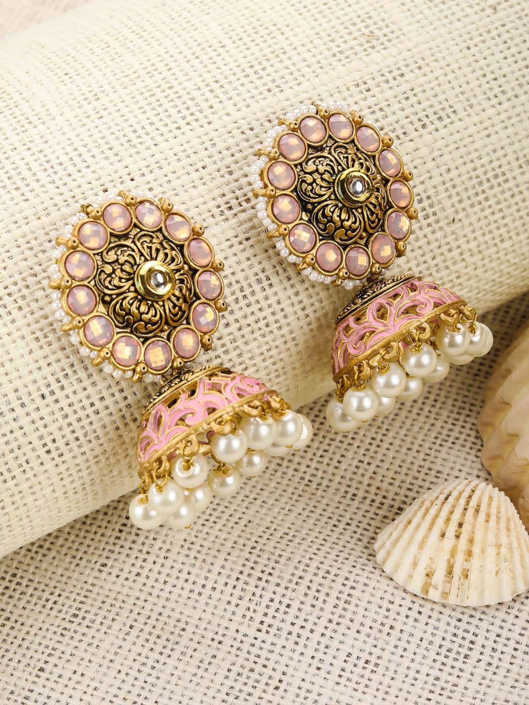 

Priyaasi Women Pink & Gold-Toned Gold Plated Contemporary Jhumkas Earrings