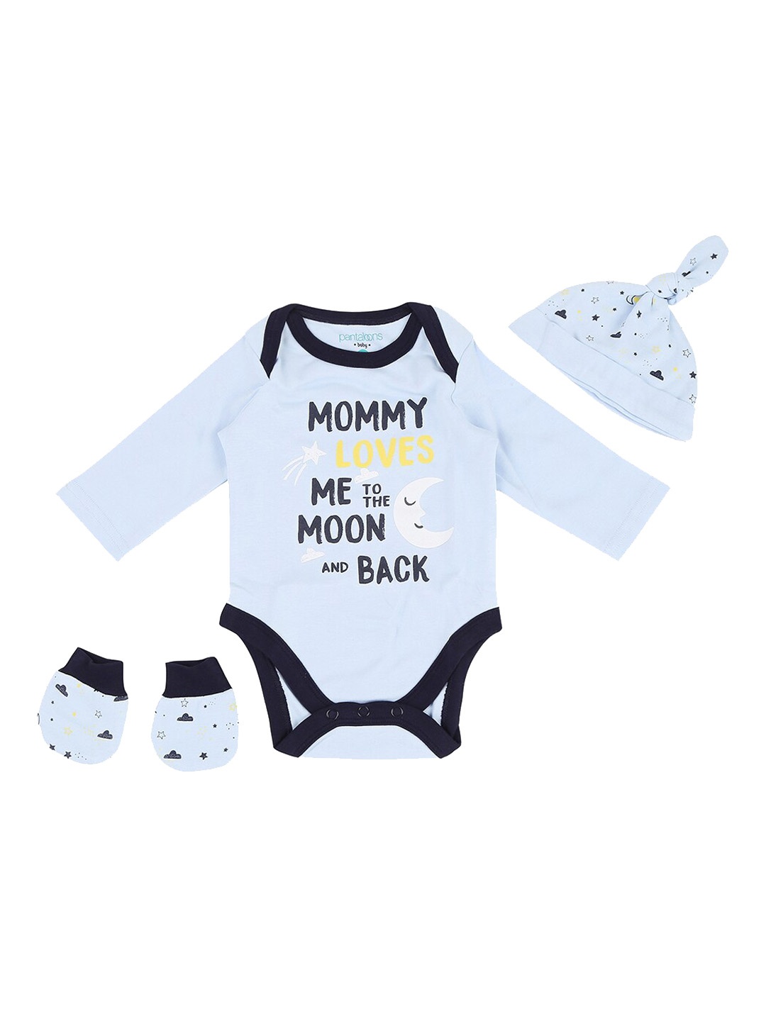 

Pantaloons Baby Boys Blue Bodysuit with Beanie & Gloves