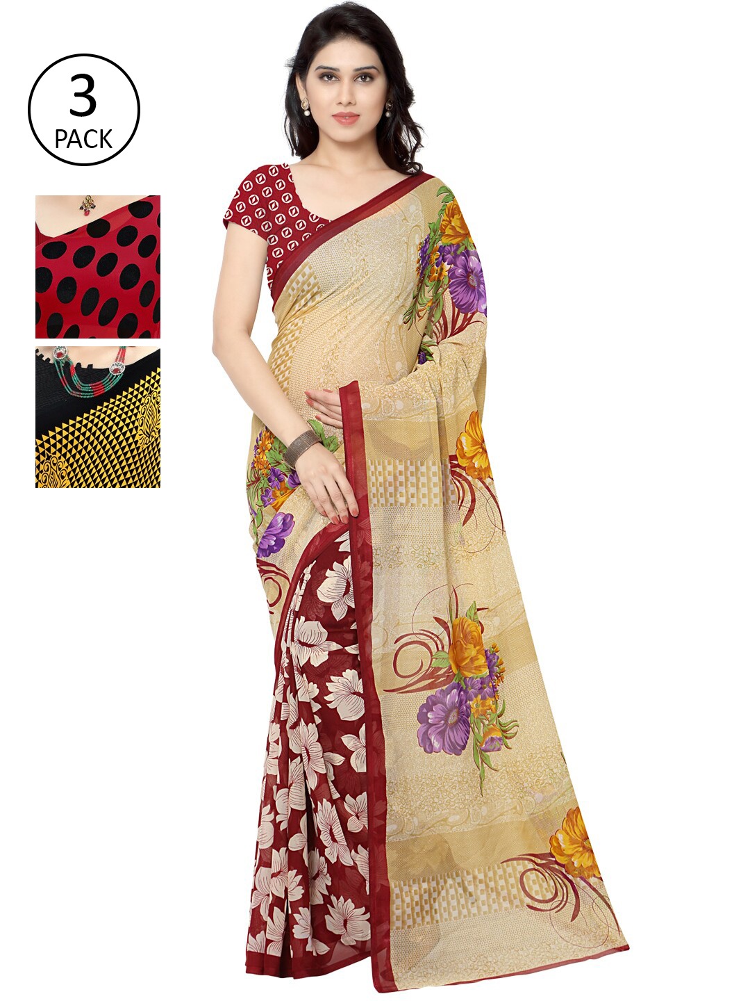

KALINI Pack Of 3 Red & Black Saree