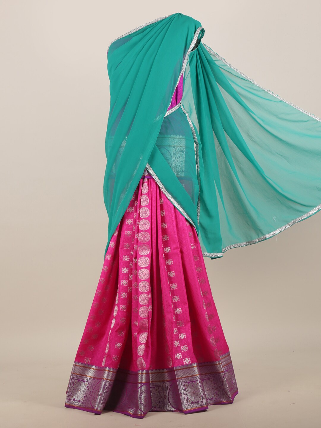 

Pothys Sea Green & Pink Woven Design Half Saree