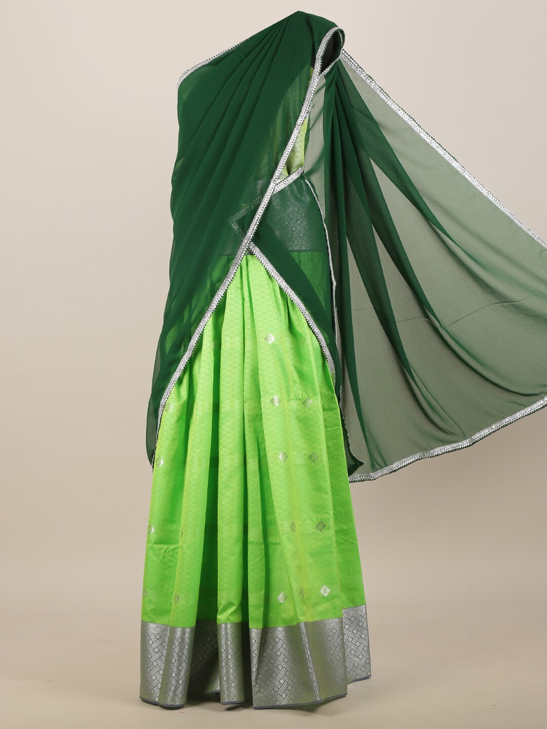 

Pothys Green & Silver-Toned Woven Design Zari Half and Half Saree